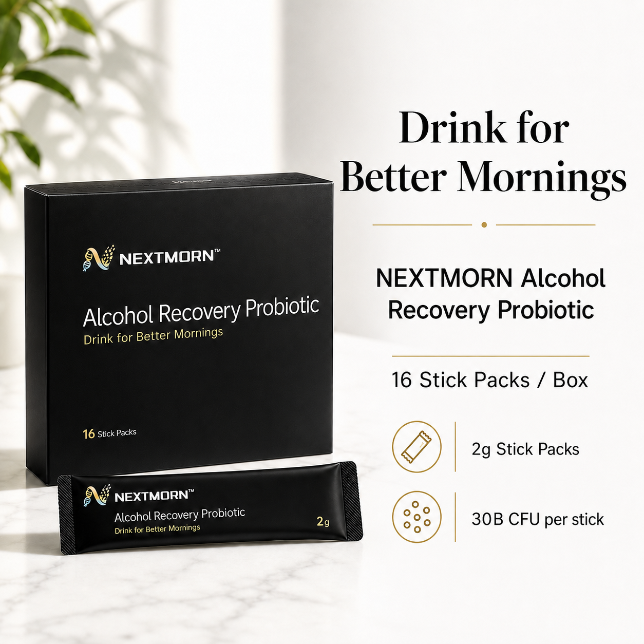 NEXTMORN Alcohol Recovery Probiotic product box and stick pack with product facts