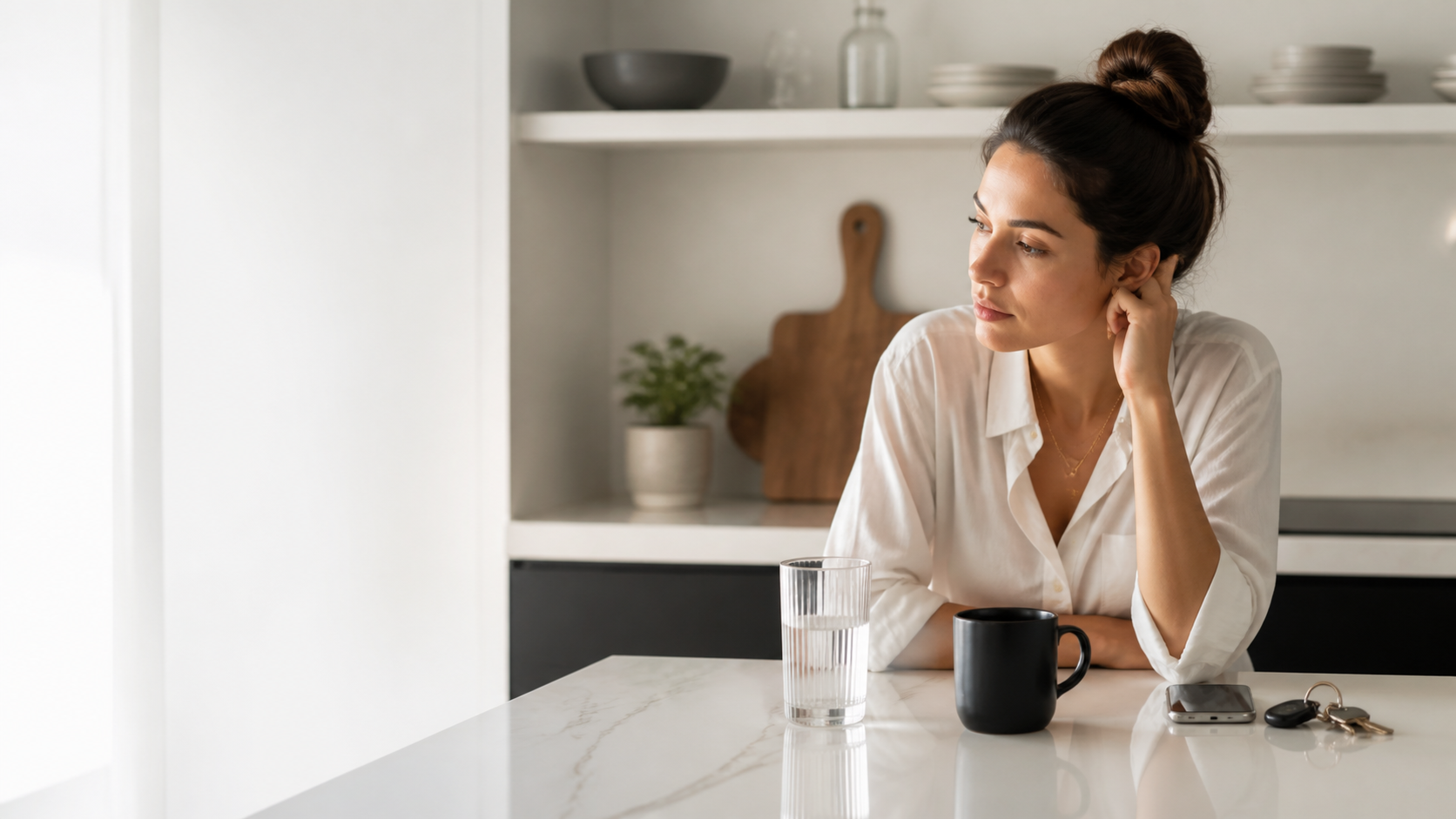 A calm morning kitchen scene with water and coffee after a late evening