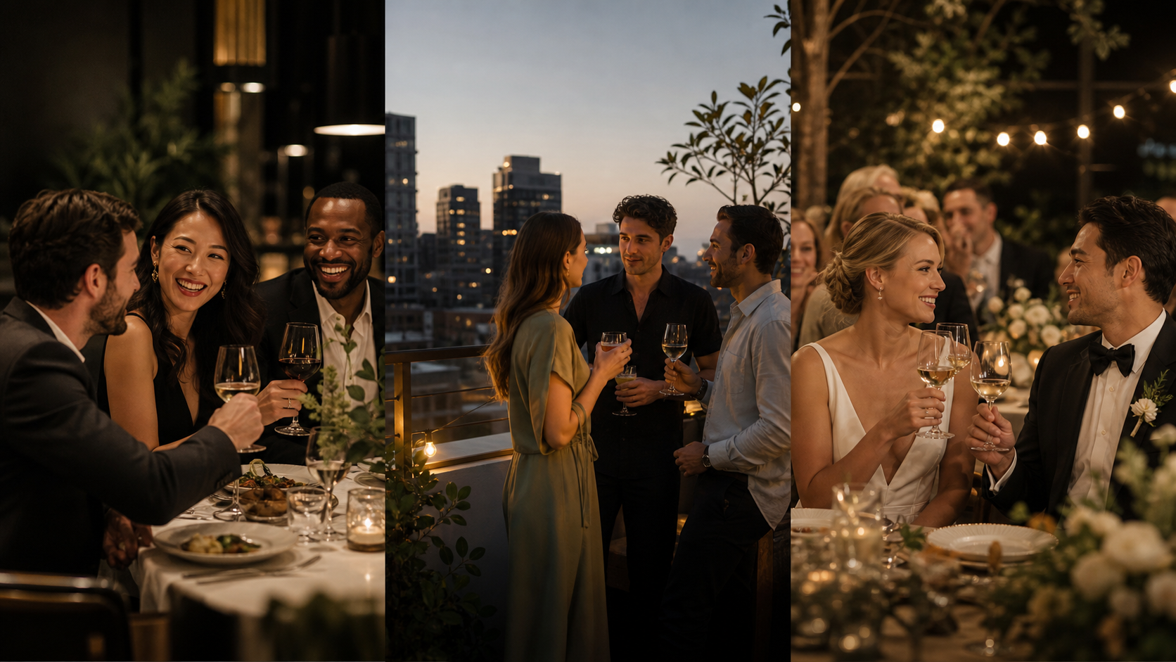 Adults sharing drinks at dinner, a rooftop gathering, and a celebration table